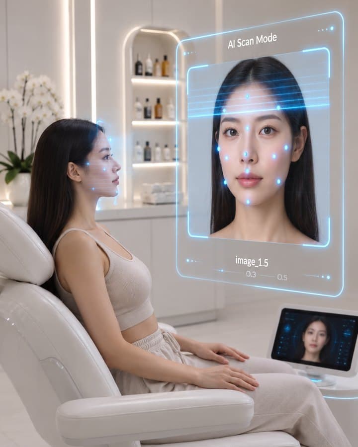 AI 얼굴 스캔을 받는 에스테틱 클리닉 고객